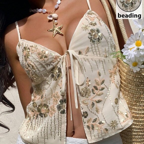 Multicolor Boho Women's Sequin Embroidered Camisole Tank Top - Picture 9 of 9